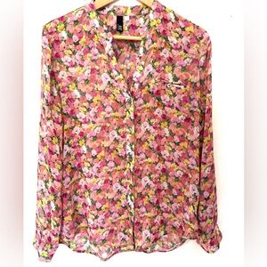 NWOT Kut from the Kloth Jasmine Floral Chiffon Blouse Pink Yellow White Size XS